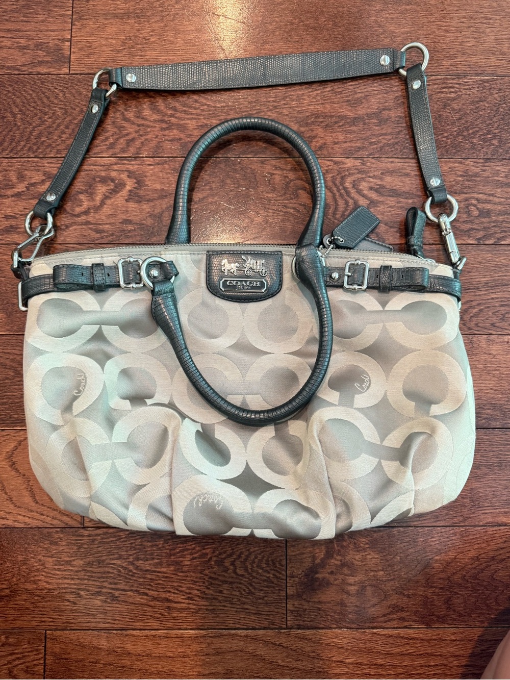 Coach Beige Signature Satchel with Black Trim and Handles
